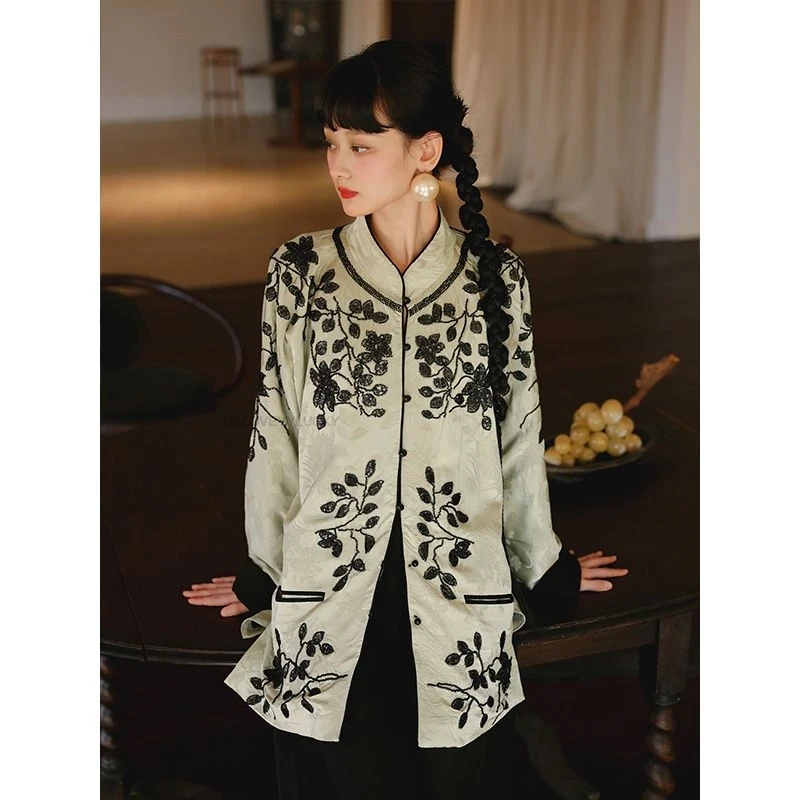 Outono novo cardigan camisa chinesa feminina tradicional bordado oriental mangas compridas vintage tang qipao hanfu topos