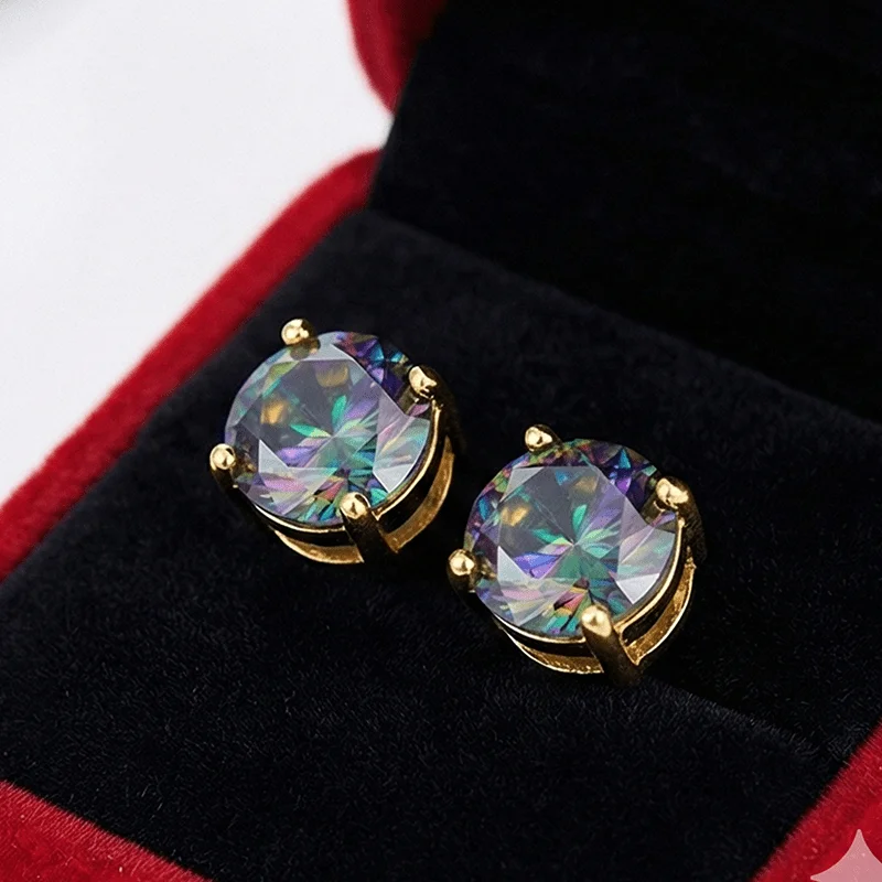 

1pair 0.5/2.0 Carat Golden Colorful Green Round Synthetic Moissanite Four-claw Stud Earrings.