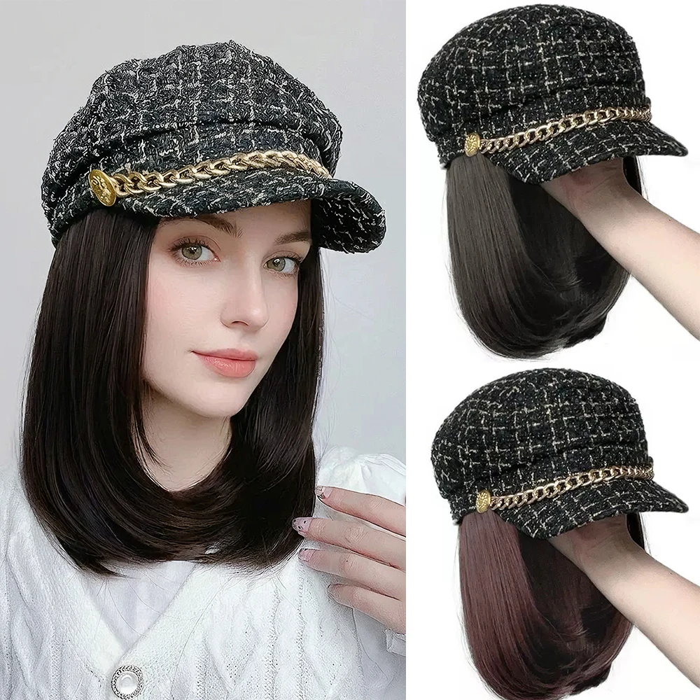 Hat Wigs 10 Inch Short Straight Hair Wigs With Tweed-Plaid-Newsboy Fiddler Cap Hat With Synthetic Hair Attached Women For Daily