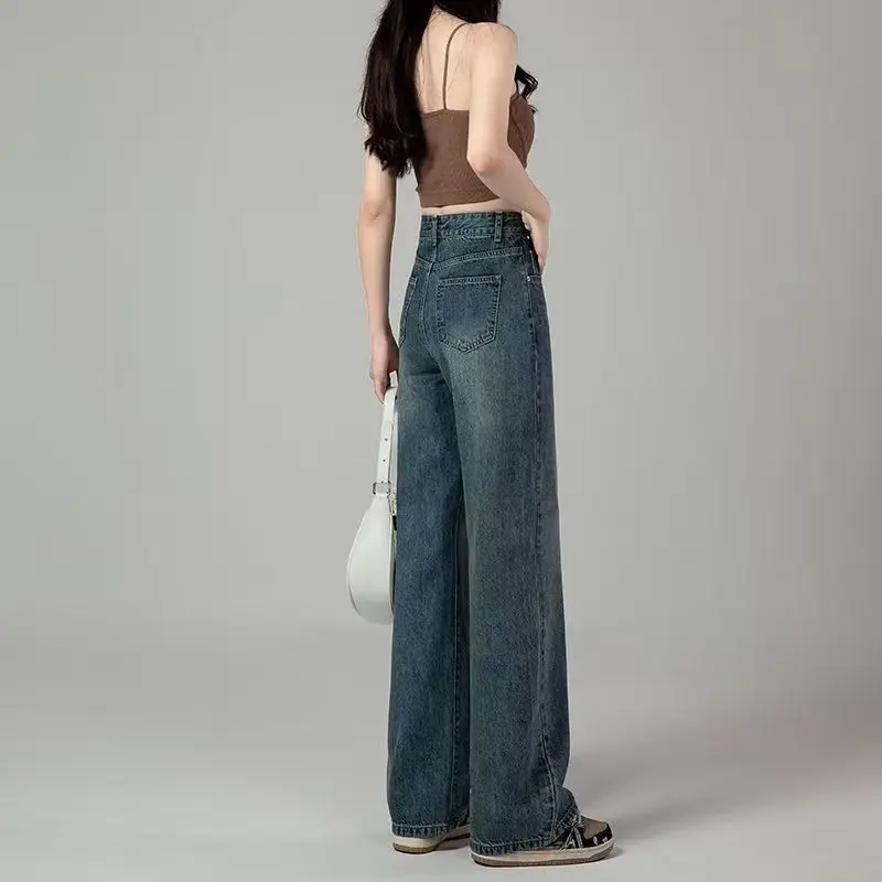 Casual Fashionable Loose Wide Leg Pants Solid Fake Zippers Washed Pockets Button High Waist Women\'s Clothing All Season Jeans