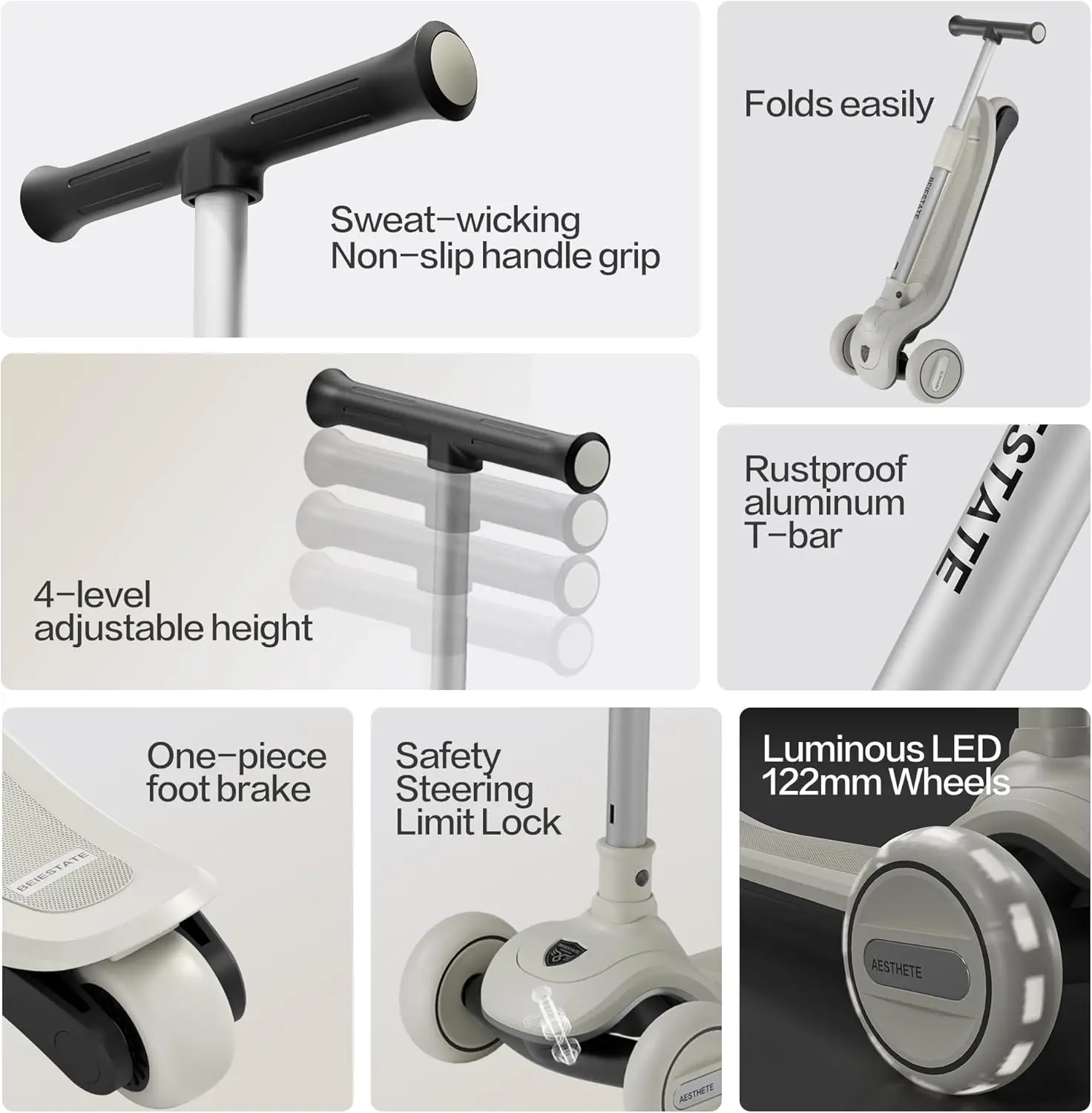 Trottinette pliable esthétique pour enfants, trottinette à 3 roues pour enfants âgés de 3 à 17 ans, maximum de 220 lb, verrouillage du limite de direction, guidon réglable, un