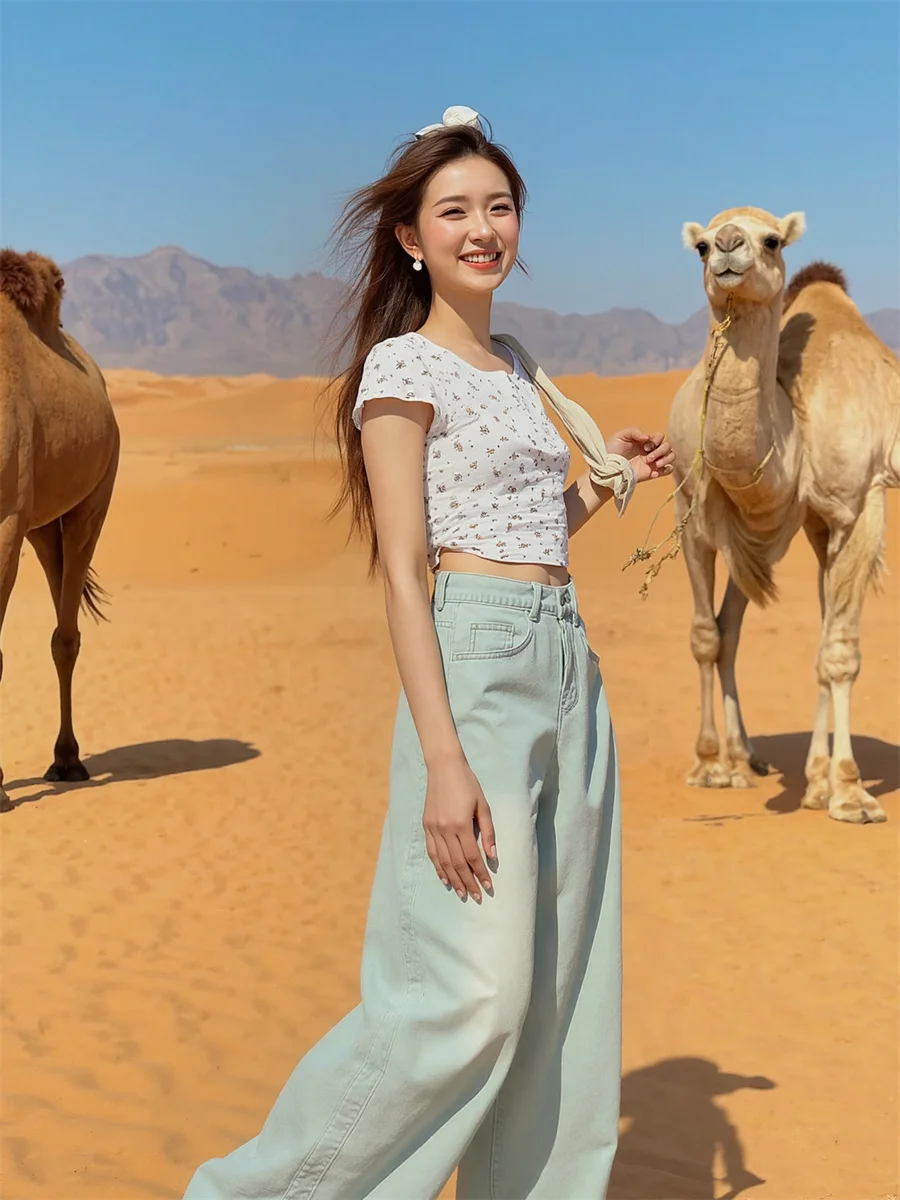 Floor Wide Leg Distressed Jeans Womens Drapey Lady Multiple Beaded Flower Print Cute Gift Artistic Lightweight Quality Side