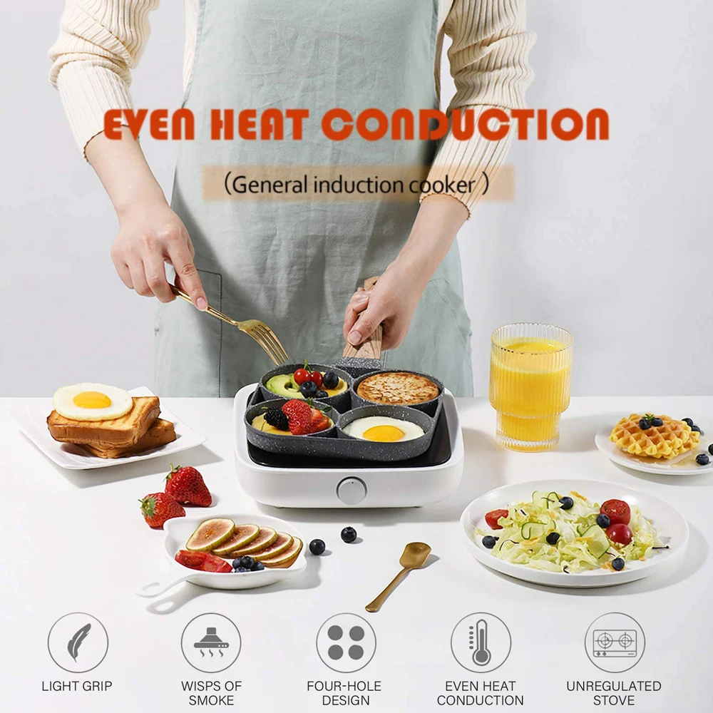 4-Hole Frying Pot Thickened Omelet Pan Black Non-stick Egg Ham Pancake Steak Wooden Handle Kitchen Cooking Breakfast Make