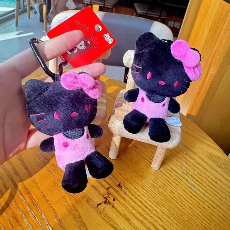 Kawaii Sanrio porte-clés en peluche mignon Yk2 peau noire Hello Kitty sac pendentif dessin animé porte-clés sac à dos décoration pour fille cadeau