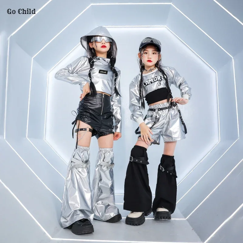 Girls K-pop Silver Crop Top Hoodies Shiny Street Dance Shorts Kids Hip Hop Streetwear Children Jazz Girl Group Cool Clothes Sets