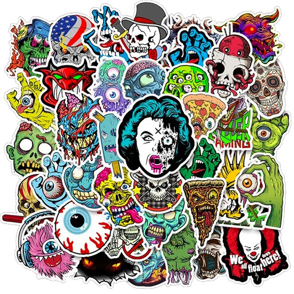 50Pcs Cool Pop Horror Skull Stickers Cartoon Decals Stationery Luggage Laptop Helmet Motorcycle Graffiti Zombie Sticker