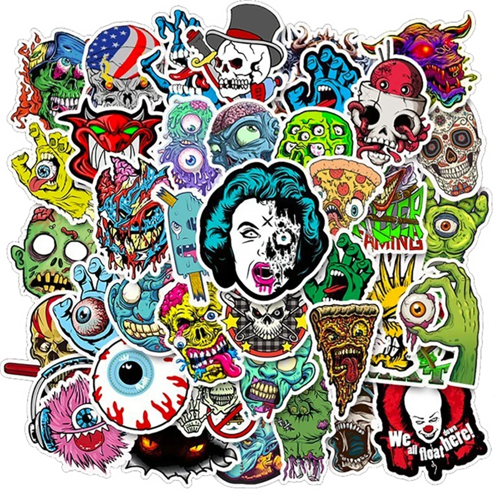 50 Stück coole Pop Horror Schädel Aufkleber Cartoon Aufkleber Briefpapier Gepäck Laptop Helm Motorrad Graffiti Zombie Aufkleber