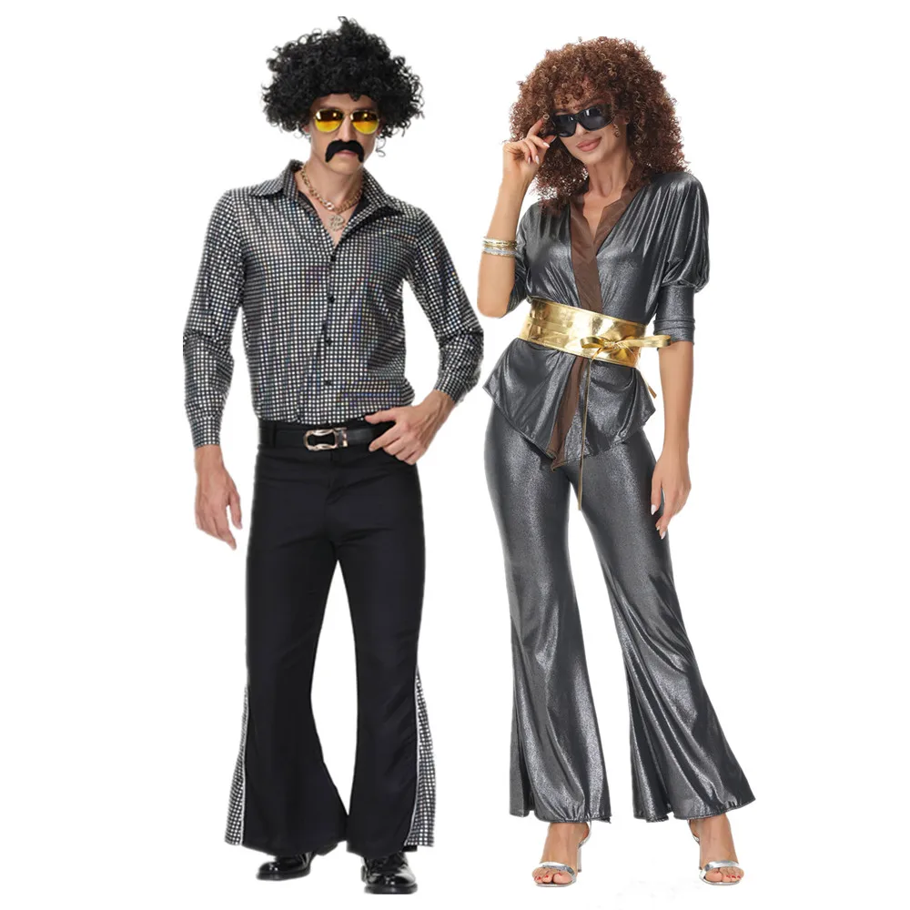 Halloween Hippie Costumes Suit Adult Men Women Vintage 70s 80s Rock Disco Hippies Cosplay Couple Fancy Dress