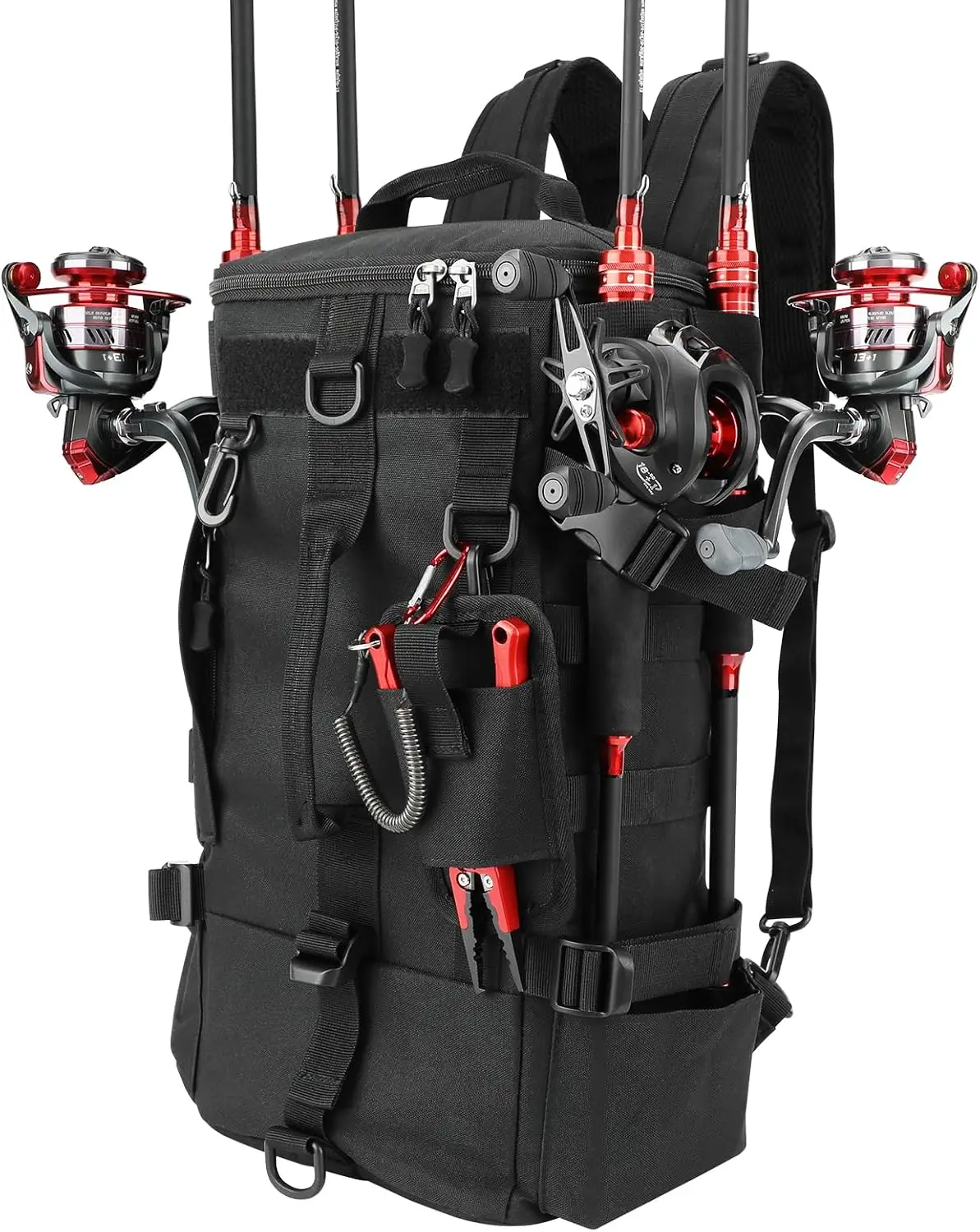 KOMCLUB Black Fishing Sling Tackle Storage Backpack, Large with Rain Cover‌ Waterproof Outdoor Fishing Bag