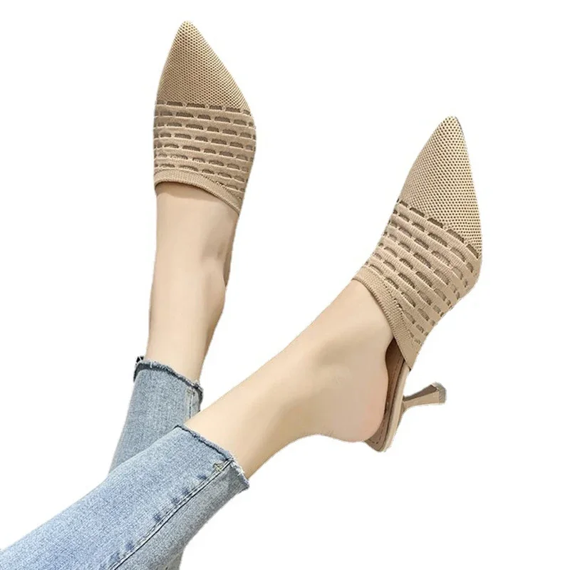 Miaoguan Knit Women Shoes Pointed Woven High Heels Fashion Women Heels Stilettos Mules Loafer Casual Feminine Sandalias Shoes