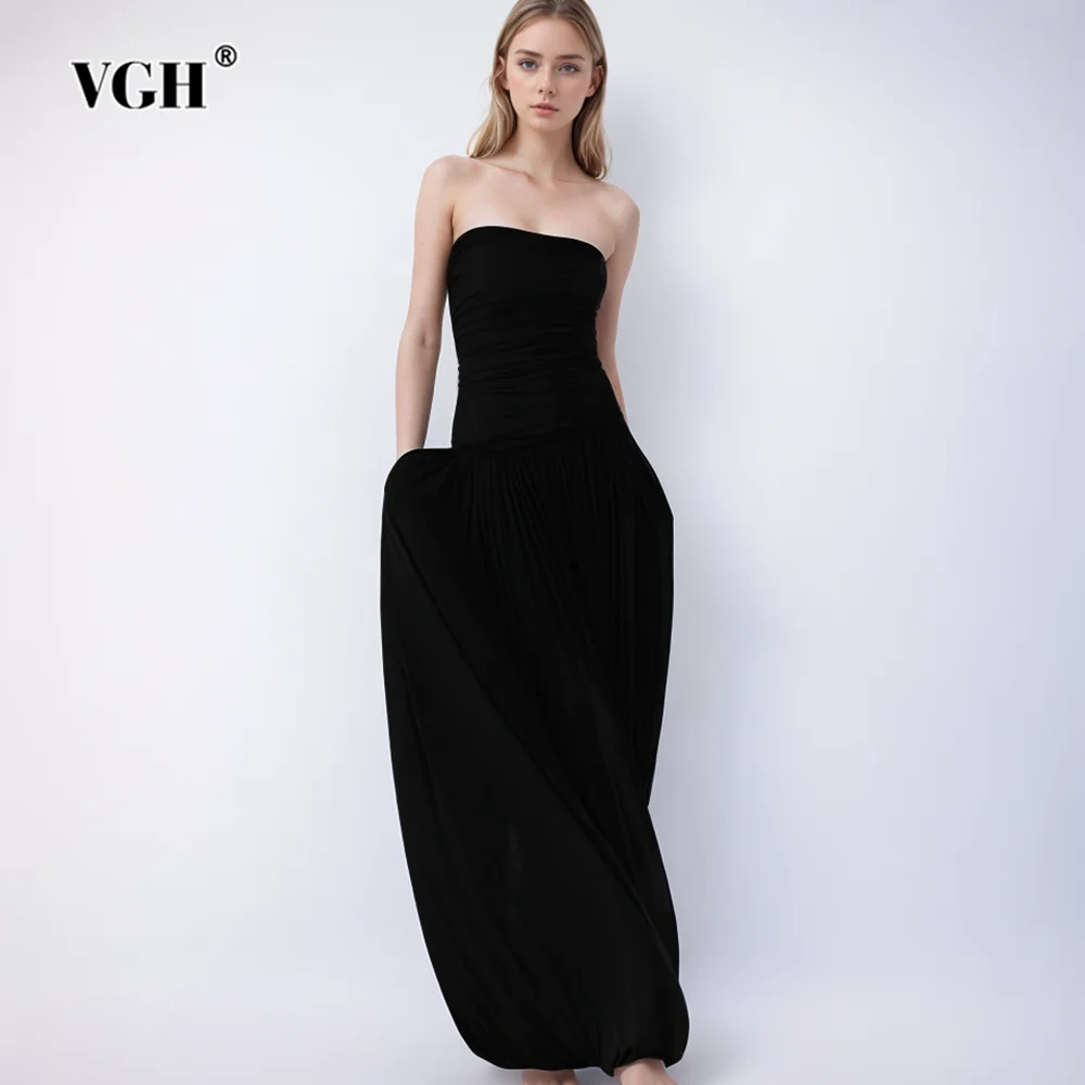 

VGH Solid Patchwork Folds Dresses For Women Strapless Sleeveless Backless High Waist Slimming Long Dress Female Fashion Style