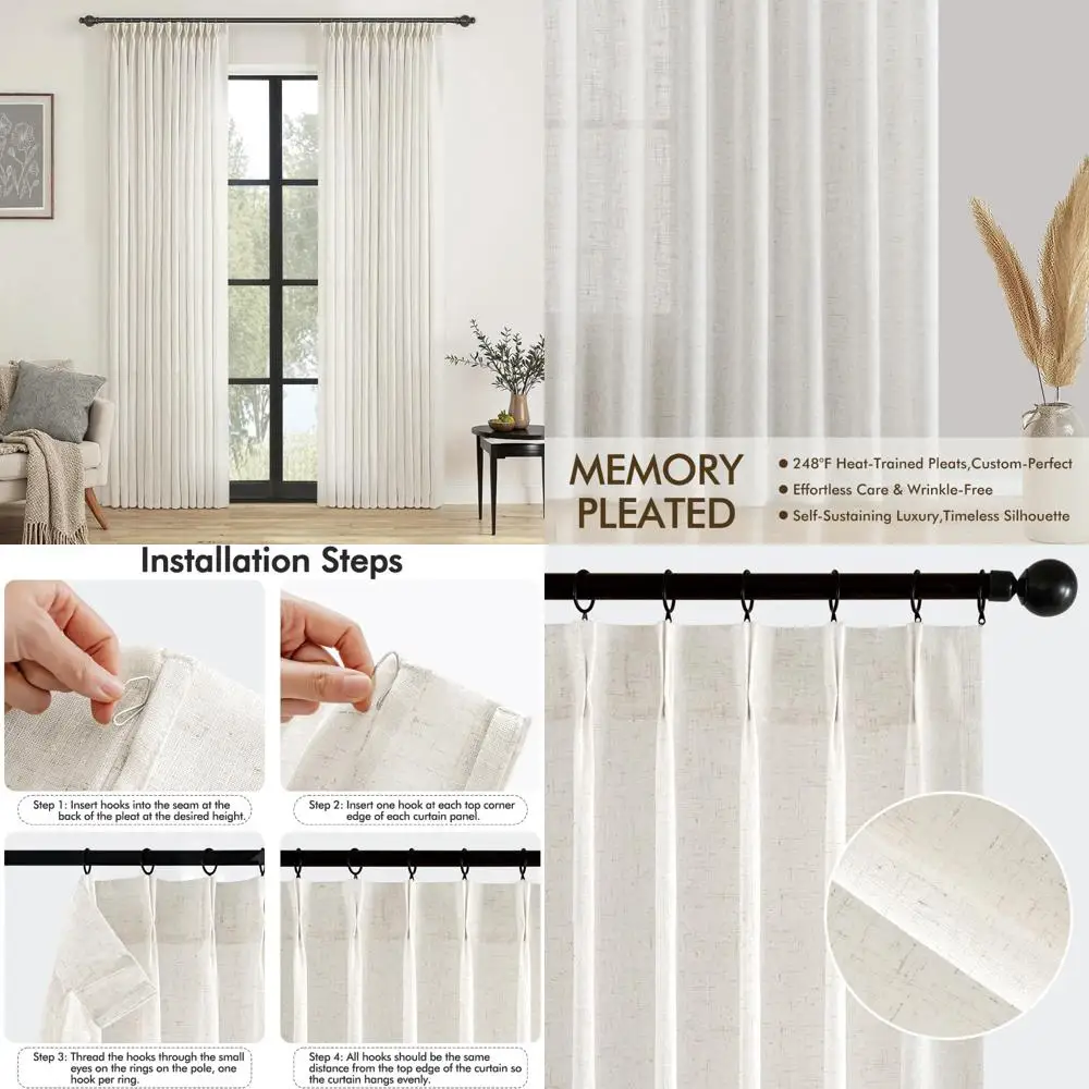 

96 Natural Linen Pinch Pleat Curtains Set for Bedrooms and Living Rooms, Semi-Sheer Drapes in L Size