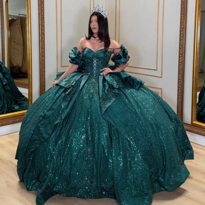 

Dark Green Shiny Princess Sweet 16 Dress Quinceanera Dresses Applique Lace Beads Bow Tull Party Birthday Vestidos 15 De Anos