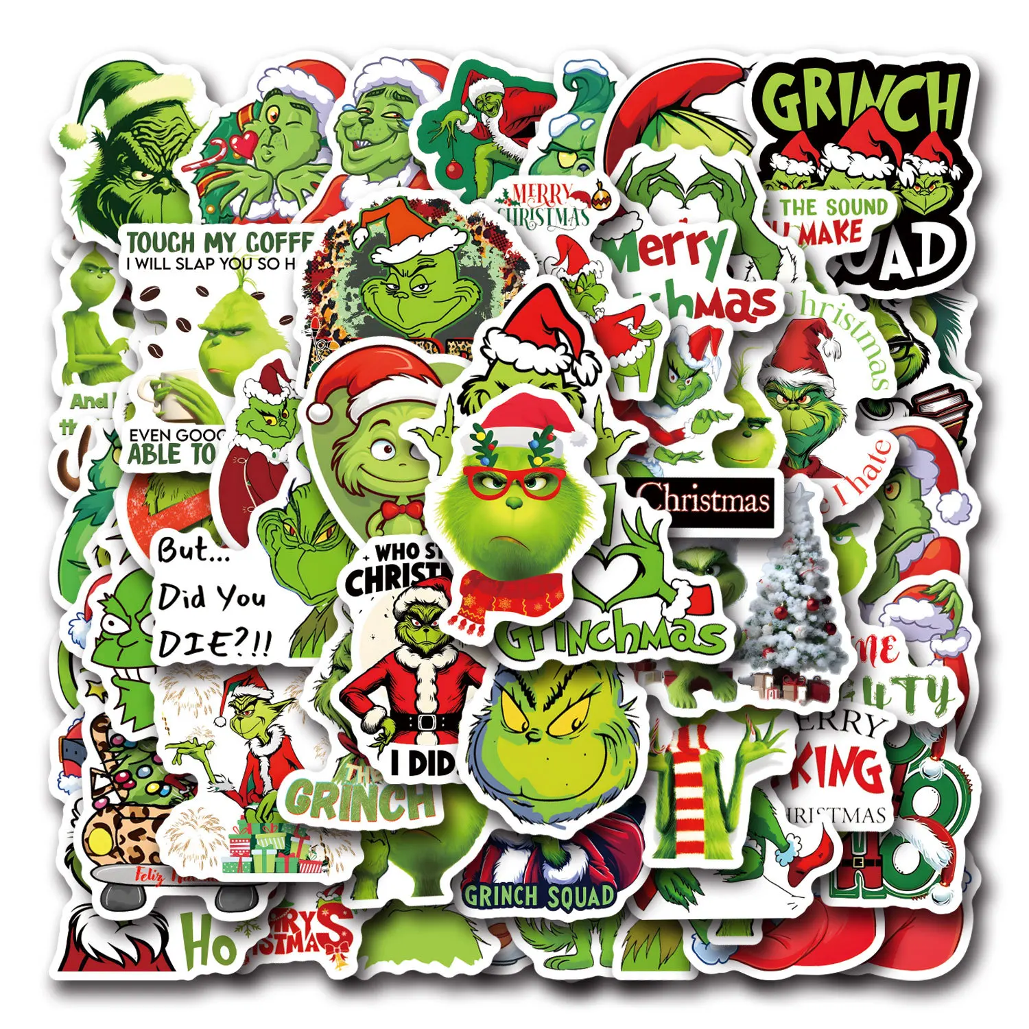 50-55PCS Grüne Figuren Grinch Weihnachten Graffiti Aufkleber Handy Auto Roller Laptop Kühlschrank Dekoration Aufkleber Spielzeug