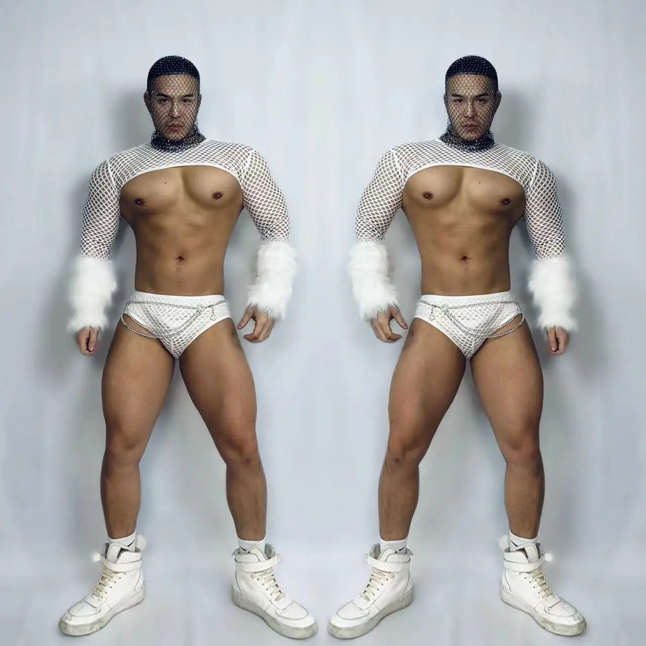 

Мужской сексуальный клубный костюм для вечеринок, костюм для танцев на шесте, DJ, танцовщица, командная одежда для выступлений, сценическая одежда, белые сетчатые меховые топы из искусственного меха, шорты, наряды