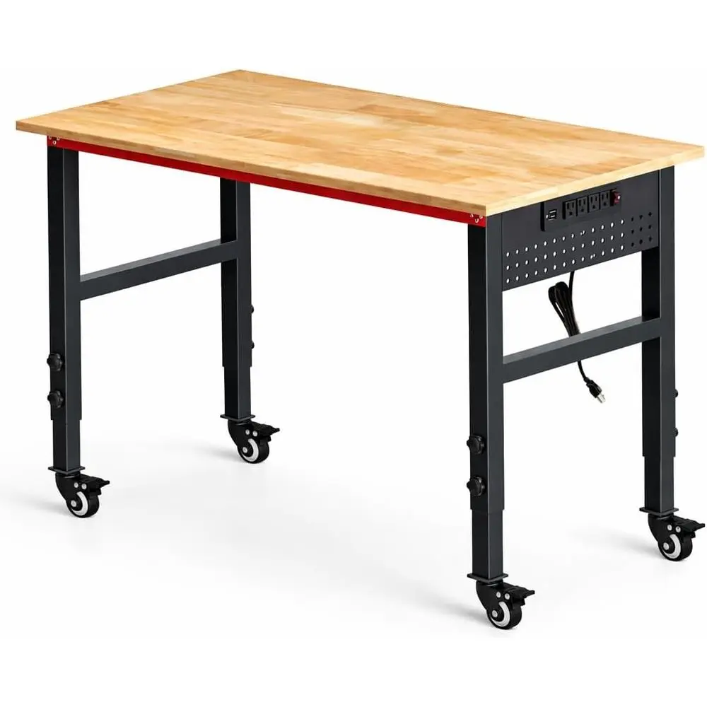 48 Adjustable Height Workbench with Wheels, Power Strip, and Pegboard for Woodworking and Garage Use
