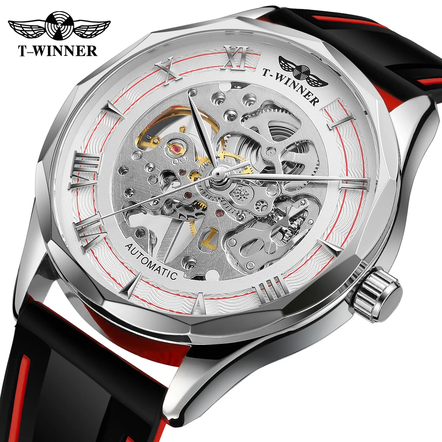 

Top Brand T-Winner Men's Automatic Mechanical Watch Luxury Fashion Rubber Strap Watches for Mans Waterproof Sport Wrist Watches