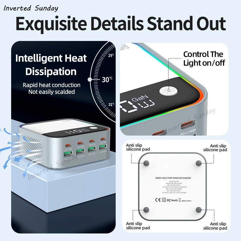 GaN USB C شاحن 8 منفذ شاحن سطح المكتب الإضاءة المحيطة عرض 100 واط PD PPS شاحن سريع لأجهزة الكمبيوتر المحمول آيفون 15 سامسونج