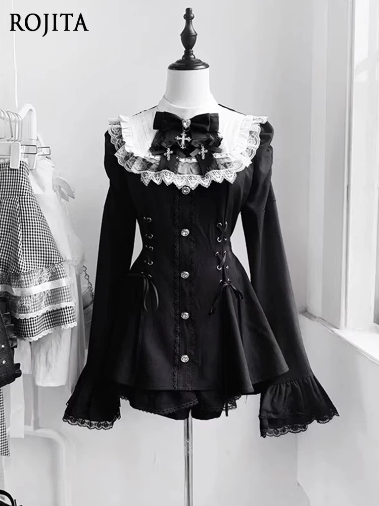 

Black and White Gothic Style Mass-Produced Lace Bell Sleeve Bib Set Lolita Lace Outfit Gothic Lolita 2-piece Sets Women