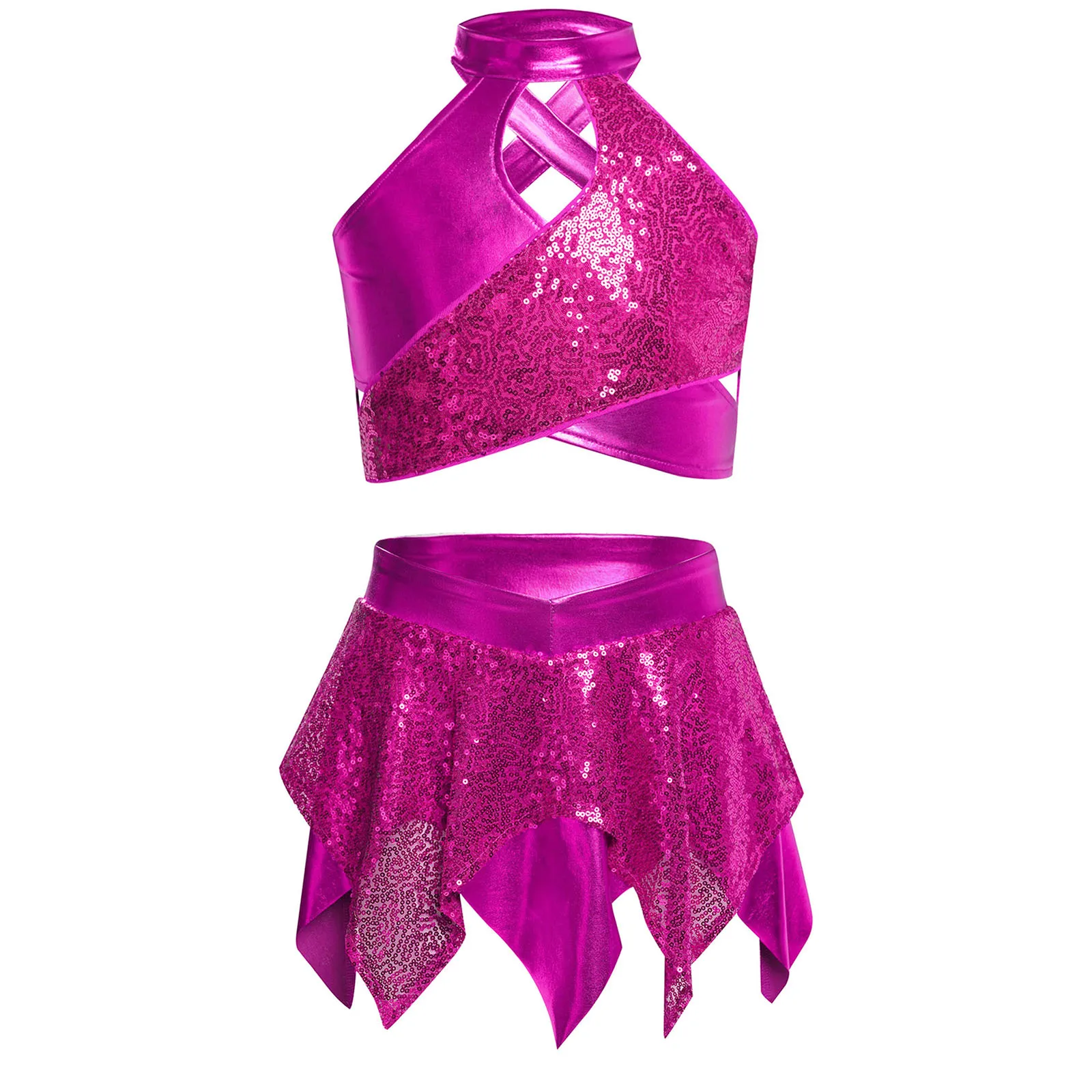 Kids Girls Gymnastics Ballet Dance Outfits Modern Latin Jazz Dancing Performance Costume Sparkly Sequins Crop Top with Skirt