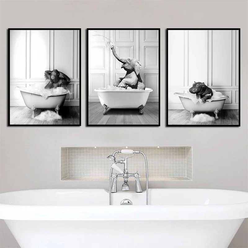 Nordic Bathroom Decoration Animal Poster Elephant Giraffe Toilet Bathtub Black White Canvas Painting Retro Wall Art Home Decor