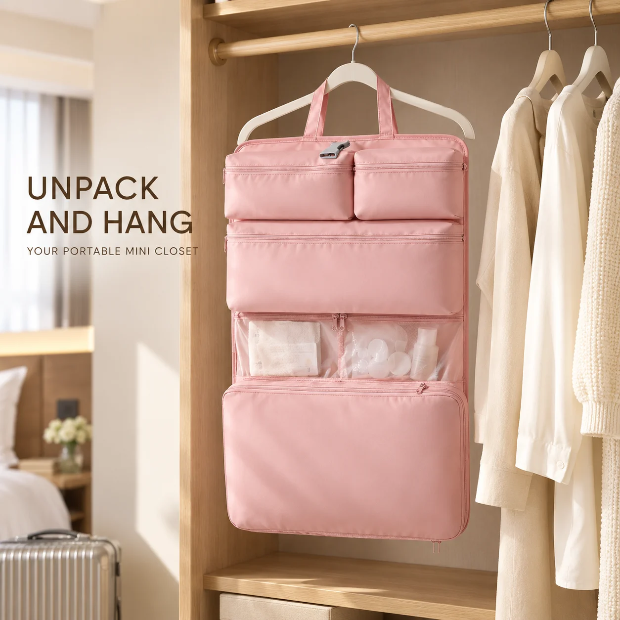 Hanging Travel Organizer with 6 Compartments, Foldable Hotel Closet Storage Bag for Clothes, Underwear and Socks