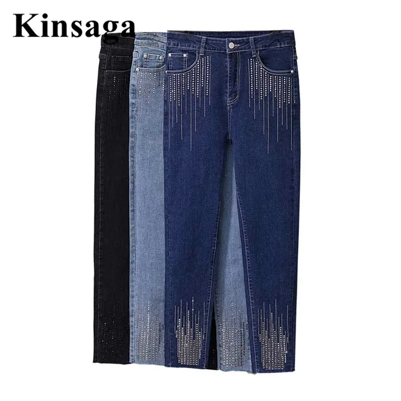 

Streetwear Rhinestones Stretchy Skinny Indie Black Jeans Mom Women 4XL Diamond Patchwork Blue Ankle Length Denim Pencil Capri