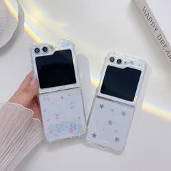 For Samsung Galaxy Z Flip 5 4 3 ZFlip5 Case Love Star Bling Glitter Transparent Folding Shockproof Protection Hard Back Cover