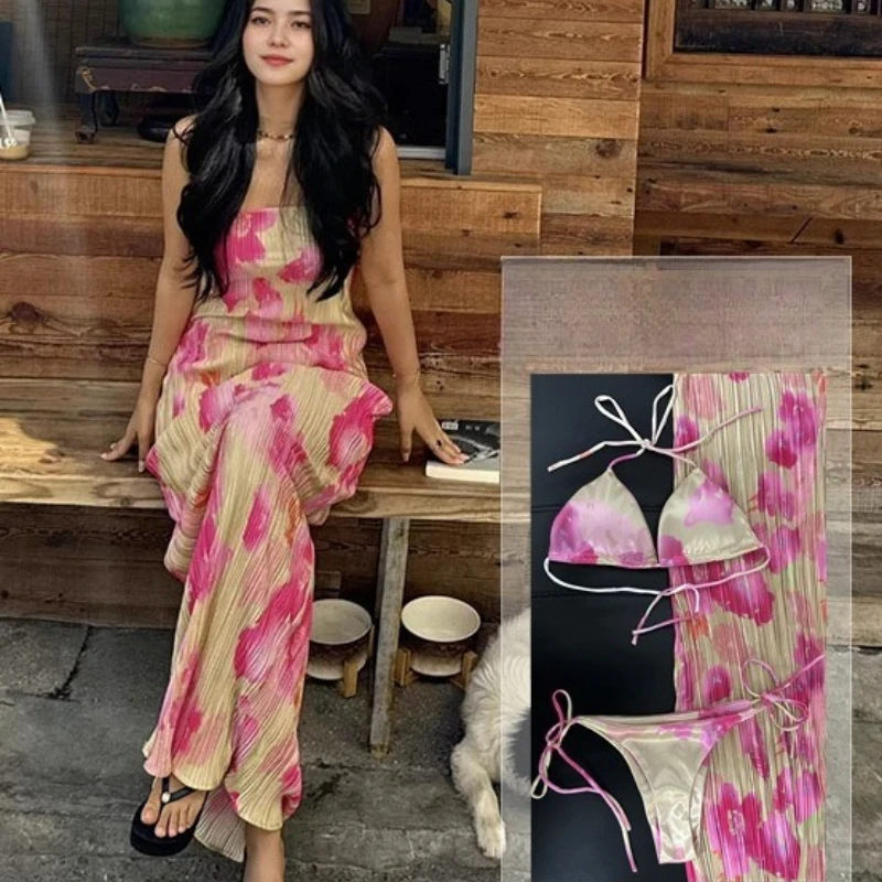 Conjunto de Bikini Sexy de 3 piezas para mujer, Top triangular con realce y parte inferior de cintura alta para playa, piscina, vacaciones de primavera caliente