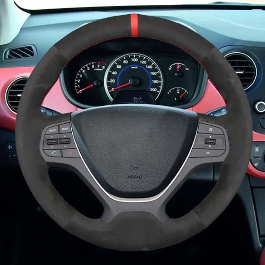 Black Faux Suede Hand-stitched Car Steering Wheel Cover For Hyundai i10 2013-2020 i20 2015-2020