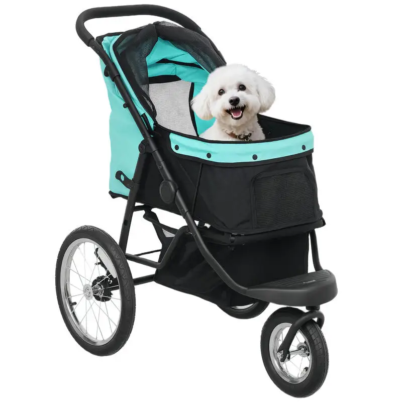 Poussette pour chien, chariot pour animaux de compagnie pour petits chiens et chats, avec panier de rangement, design pliable en un clic, turquoise