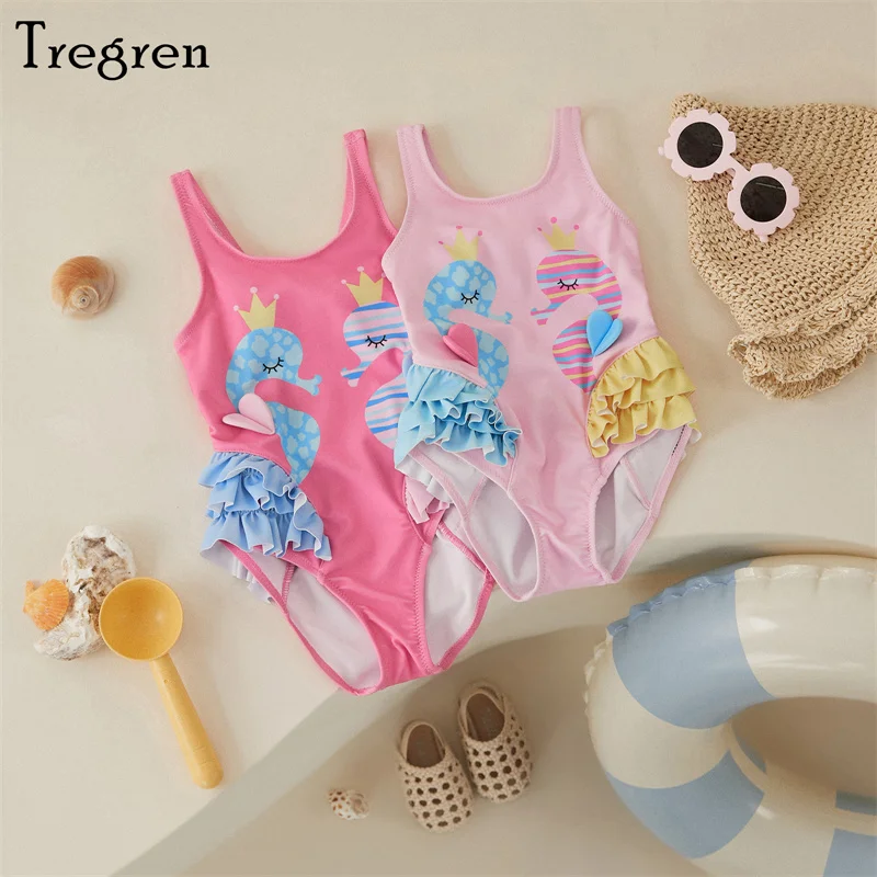 Tregren 귀여운 어린이 소녀 원피스 수영복, 만화 씨호스 프린트 민소매 백리스 러플 수영복, 여름 해변 수영복 