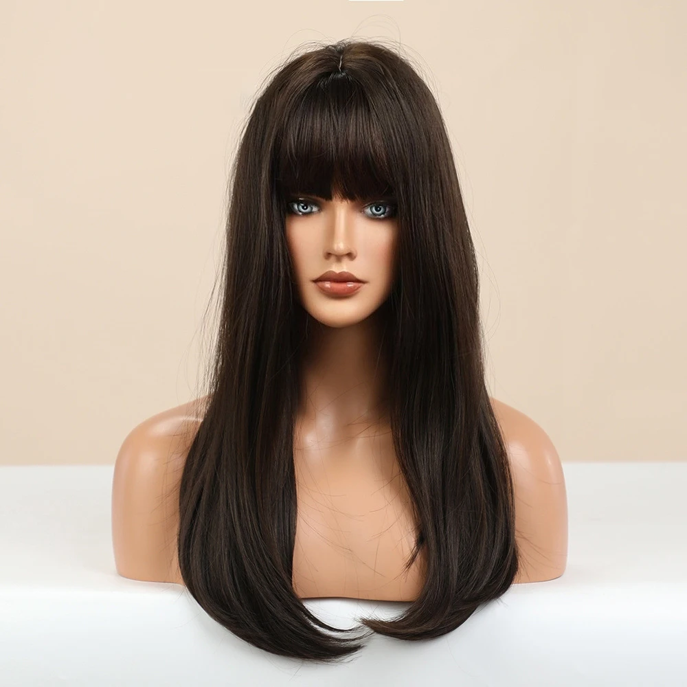 European and American style bangs, straight hair, high-temperature silk wigs, women's brown wigs, fashionable wigs