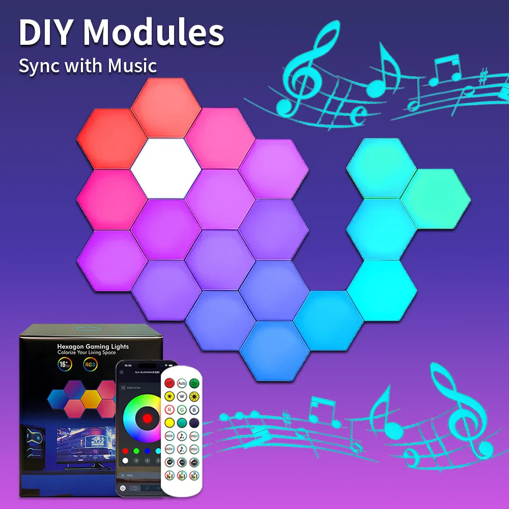 Smart RGB Hex Wall Light DIY Splicing Modular Lamp Music Rhythm Sync APP IR Remote 5V Ambient Night Light for Gaming Room Decor view 5