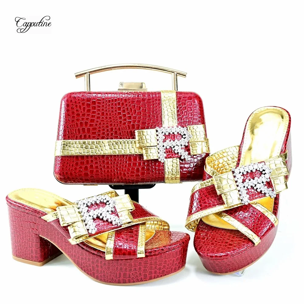 Red Women Platform Shoes And Bag Set African  Ladies High Heels Slippers Match With Handbag Summer Pumps Femme Pantoufles GL41