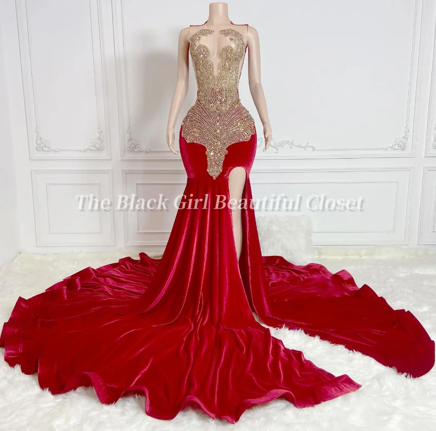 

Customized Luxury Red O Neck Mermaid Prom Dresses 2025 Glitter Beaded Applique Long Black Girls Evening Gowns Party Dresses