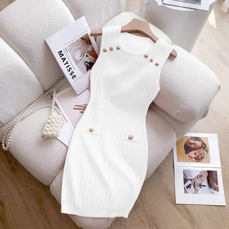 Damskie Sukienki Letnie Bez Rękawów Vintage Moda Cienka Dzianina Elegancka Wygodna Szykowna Sukienka Zapinana na Guziki