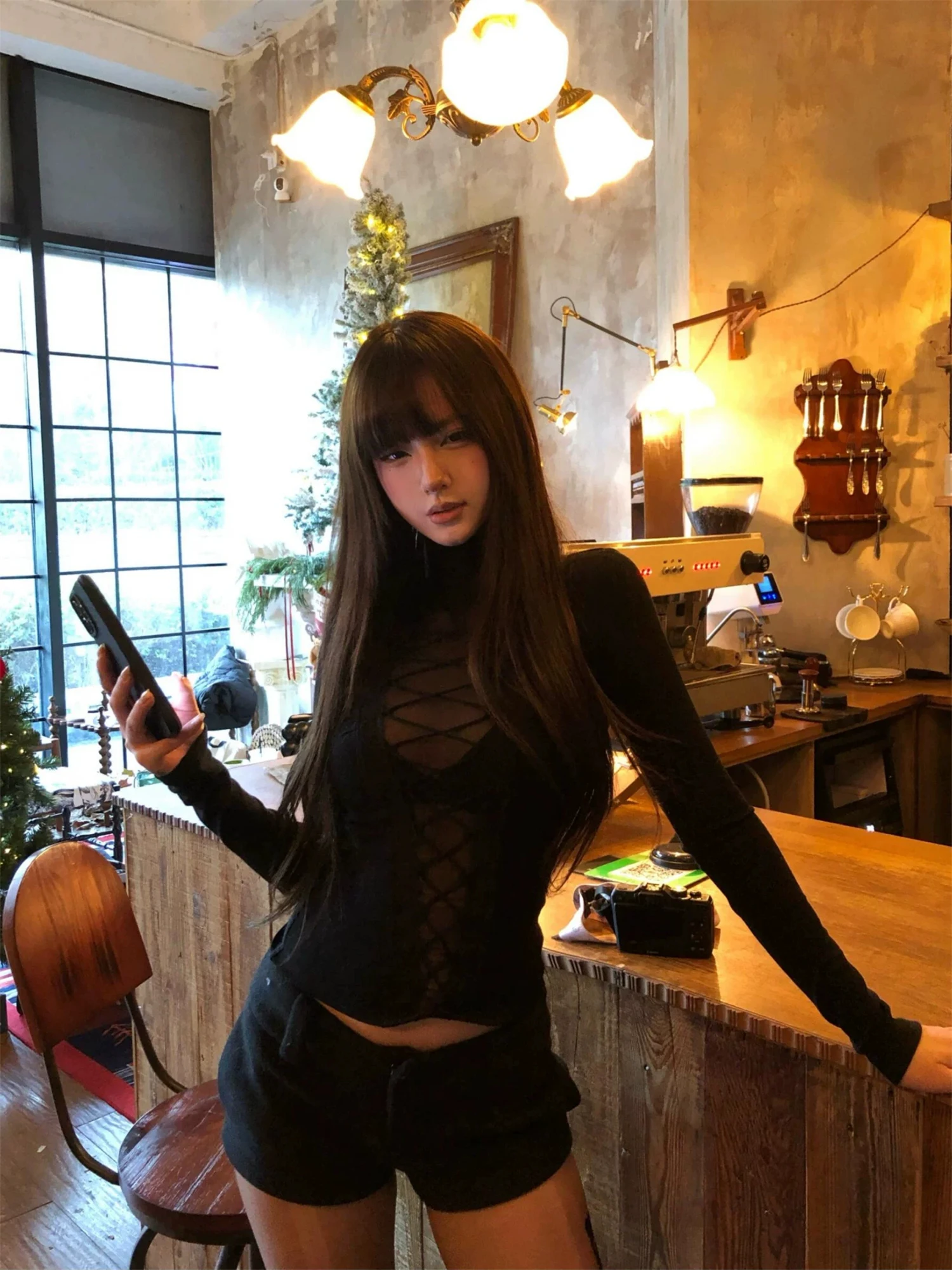 Y2K Gothic Mock Neck Criss Cross Lace Up Sheer Mesh Long Sleeve Top Women Slim Fit Lace Trim Dark Streetwear Blouse