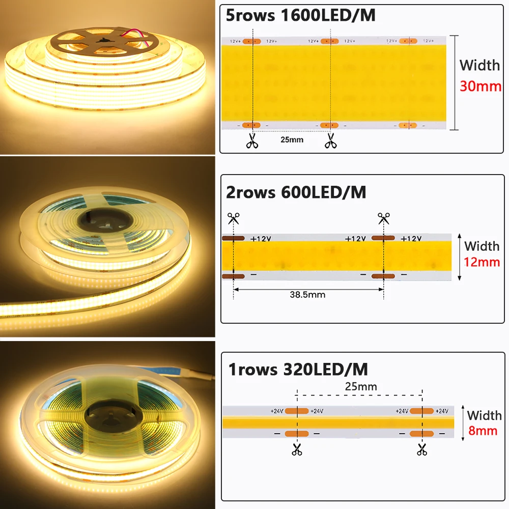 12 فولت 24 فولت 1 2 5 صفوف COB LED قطاع ضوء السوبر مشرق 320 600 1600 المصابيح شريط مرن عالية الكثافة الخطي مصباح 3000 كيلو 4000 كيلو 6000 كيلو