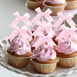 10pcs Pink Bow Cupcake Topper Pink Bow Birthday Decor Coquette Themed Party Decoration Bridal Shower Cake Topper Bow Party Decor