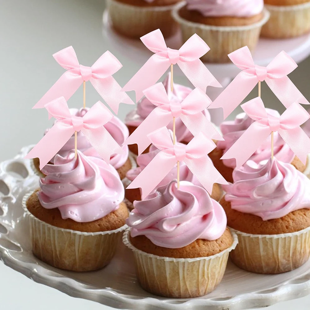 10szt Pink Bow Cupcake Topper Pink Bow Birthday Decor Coquette Themed Party Decoration Bridal Shower Cake Topper Bow Party Decor