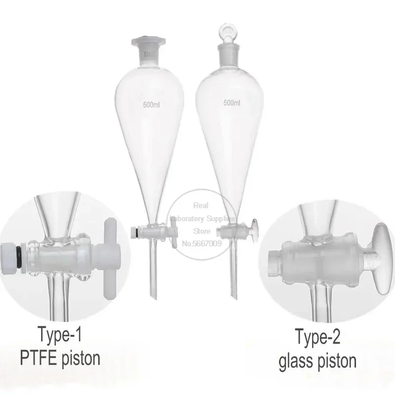 1piece Glass Pear-Shaped Separating Funnel with PTFE/ GLASS Piston for Laboratory Oil Separation 60ml/125ml/250ml/500ml/1000ml