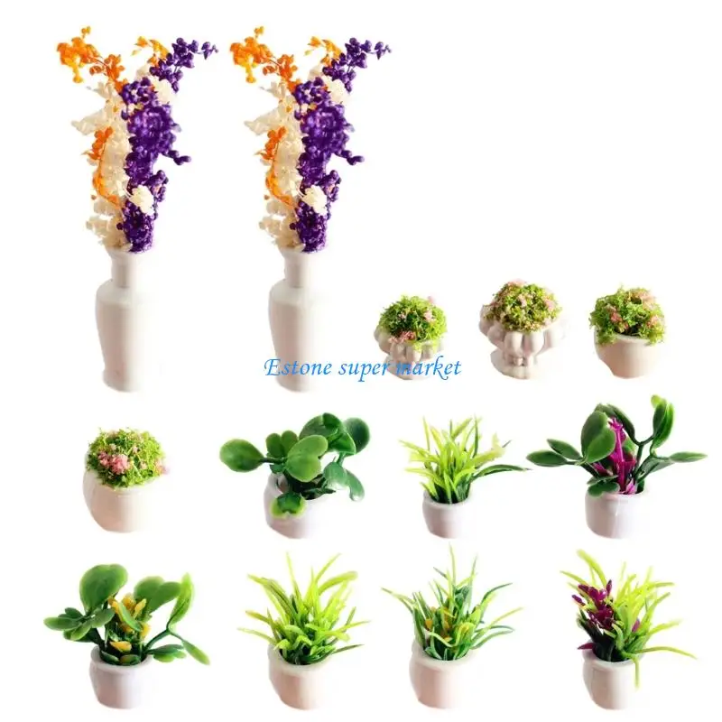 

090B 13pcs Miniature Artificial Potted Plant 1/12 Doll House Furniture Scene Setting