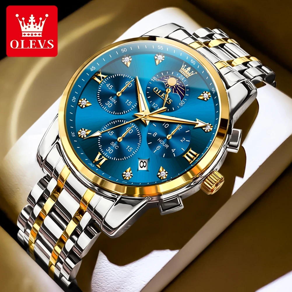 OLEVS 3655 Mens Watch Original Brand Quartz Watch Multifunctional Chronograph Watch For Men 30M Waterproof  Moon Phase Mens Gift