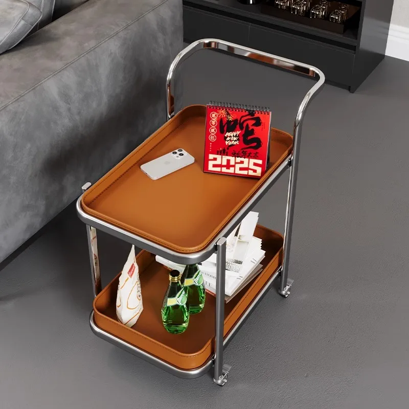 ‌Saddle Leather Side Table - Mobile Cart for Living Room Bedroom & Dining, Minimalist End Table with Wheels, Luxury Coffee Table