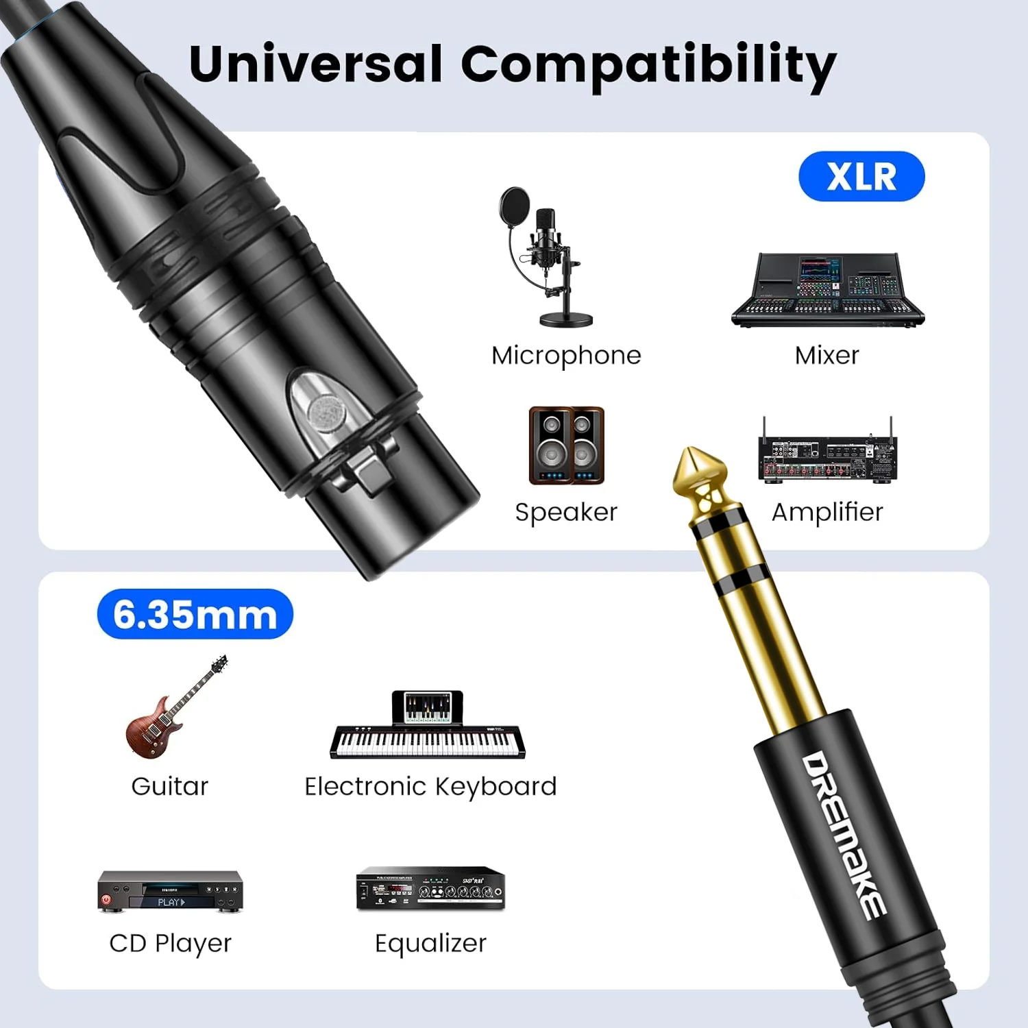 DREMAKE Balanced Microphone Cable XLR Aux Cable Jack TRS 6.35 mm/6.5 mm Male to XLR Female Mic Cord for Mixer Stereo Amplifier