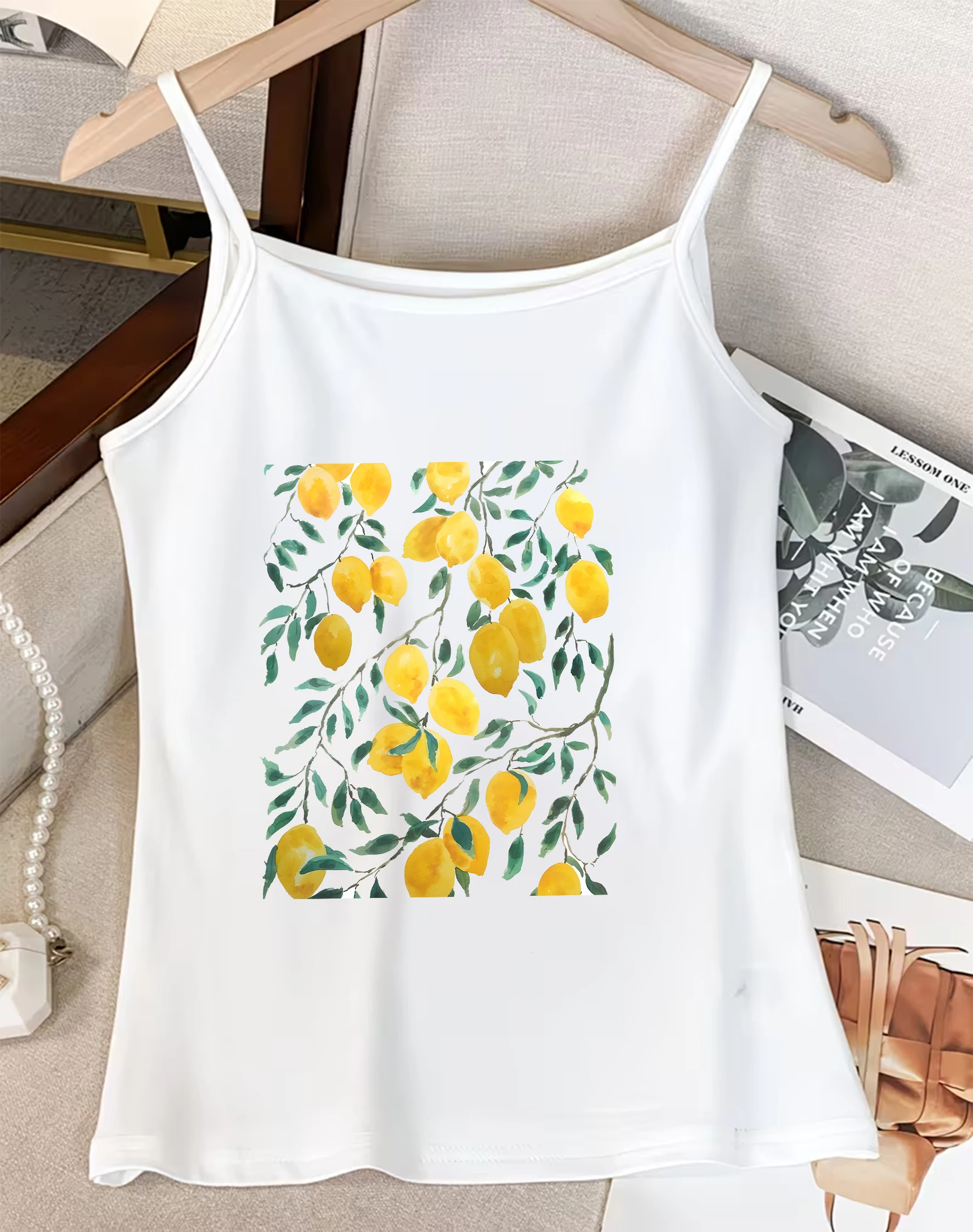 Vintage Lemon Fruit Print Spaghetti Strap Tank Tops Y2K Streetwear Sleeveless Camisole Holiday Slim Fit Casual Cami Vest