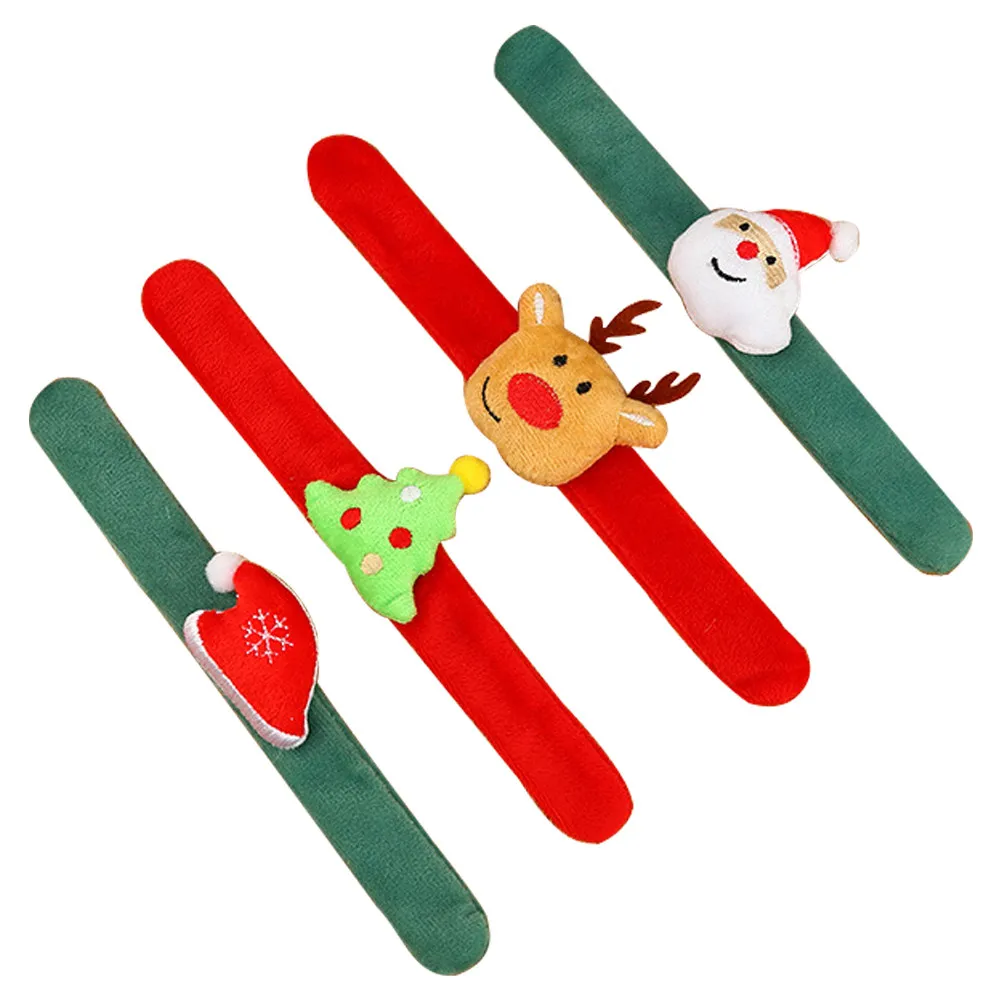 

4Pcs Christmas Snowman Tree Deer Hat Cartoon Slap Bracelets Cloth Wristbands Kids Party Decoration Christmas Hand Rings