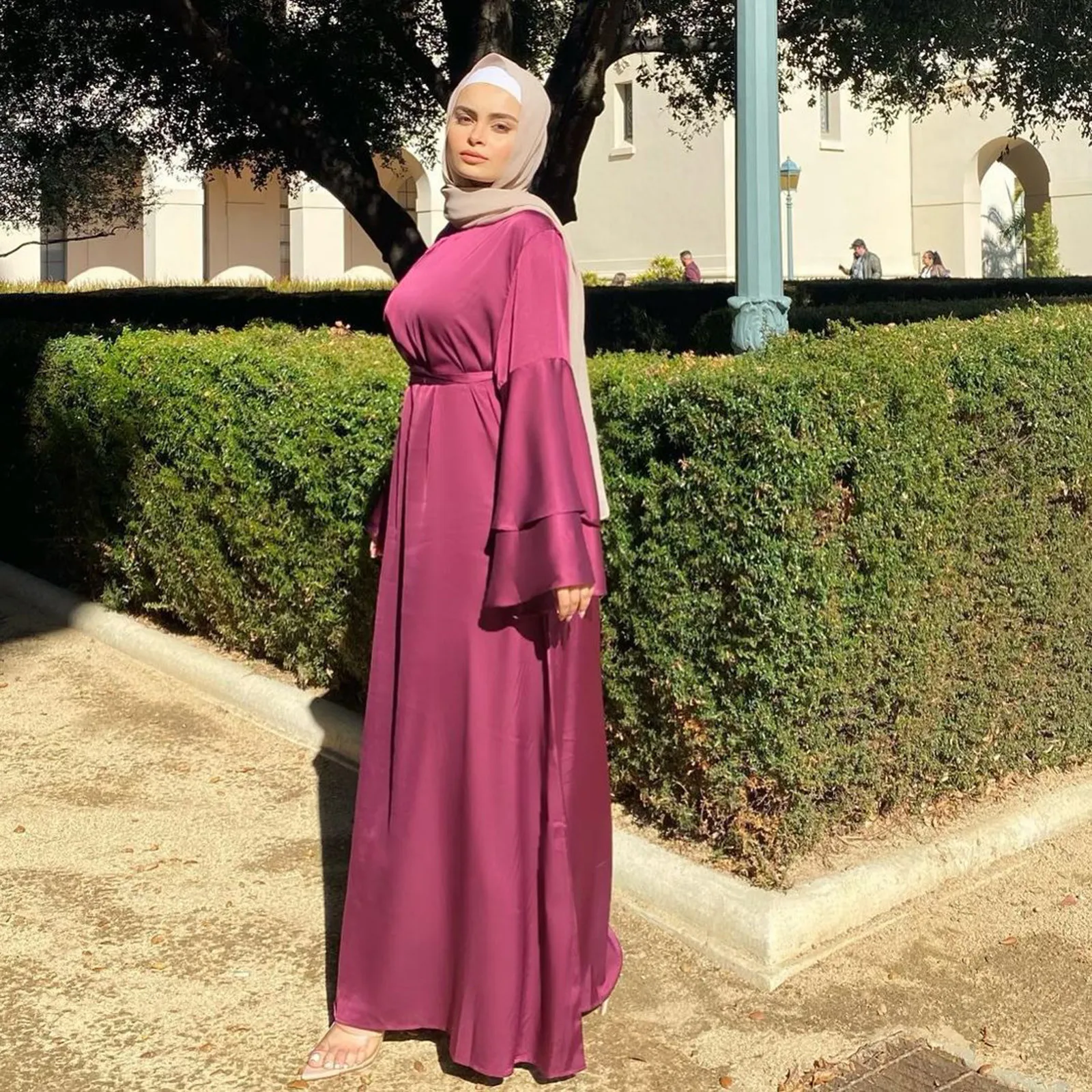 Women Islam Clothing Ramadan Eid Satin Hijab Dress Dubai Abaya Turkey Summer Flare Sleeve Muslim Fashion Maxi Dresses for Kaftan