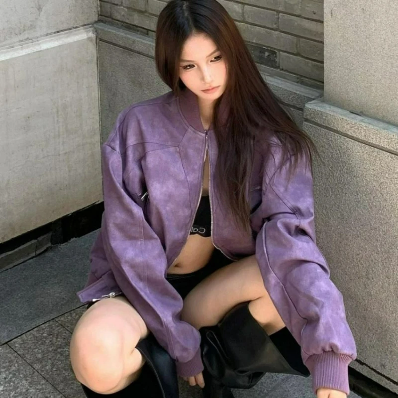 2026 Spring Autumn New Fashionable Loose Casual Motorcycle Coat American Retro Jacket High-end Purple Leather Coats for Women